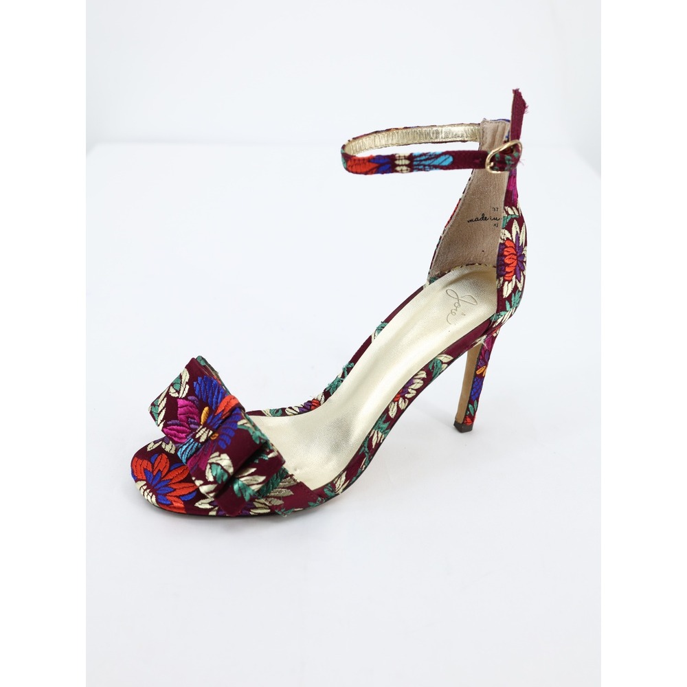 Joie Floral Embroidered Bow Heel Sandals Burgundy Ankle Strap Size 7
